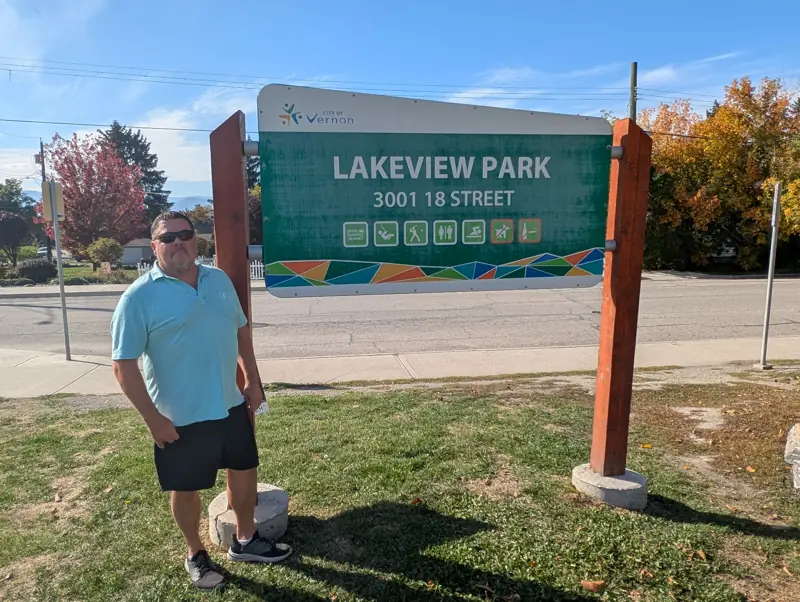 Tim Jones at the Lakeview Park sign, 3001 18th Street